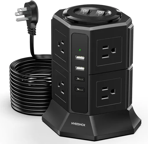 Miniatura 13 de Regleta de Protección contra Sobretensiones Torre Enchufe Plano con 12 Tomas de CA 3 Puertos USB (2 Tipo C), Cable de Extensión Ultra Plano de 6.5