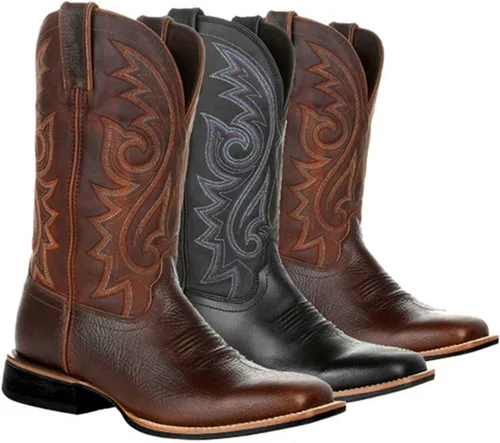 Miniatura 4 de Botas vaqueras marrones de cuero bordado de medio cilindro para hombre, tacón grueso de media pantorrilla, punta puntiaguda, botas vaqueras