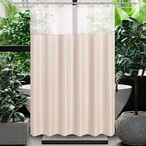 Miniatura 11 de Gibelle Juego de cortina de ducha de tejido gofre con ventana superior de malla y ganchos, cortina de ducha de tela estilo spa para baño, beige, 72
