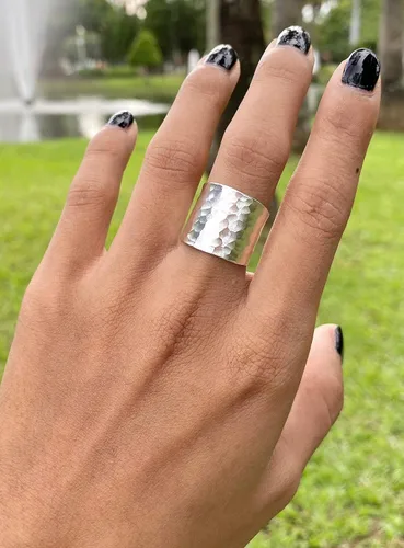 Miniatura 2 de Hammered Sterling Silver Handmade Wide Band Ring, Classic Shiny Finish Flat Wrap Band, Adjustable to Sizes 6-12, Can fit Also as Thumb ring, Gift