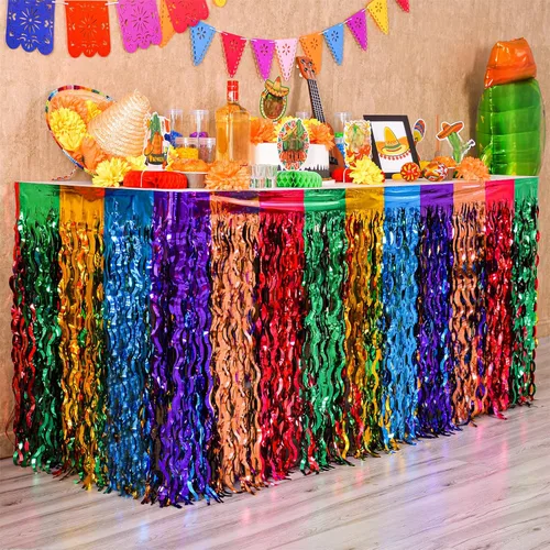 Decoraciones de fiesta Mega-L, paquete de 2 decoraciones de fiesta de tacos Cinco de Mayo, faldas de mesa onduladas de oropel metálico con flecos,
