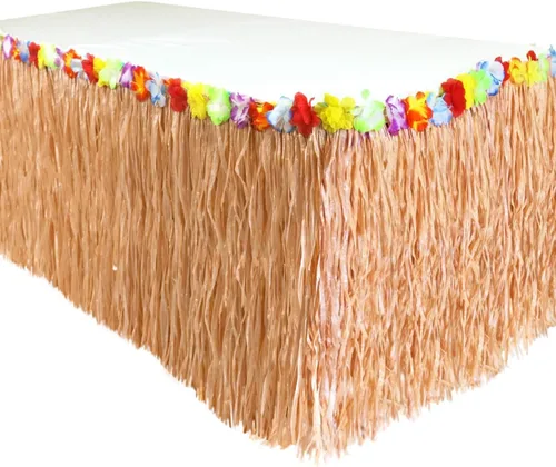 Miniatura 9 de GiftExpress Falda de mesa de hierba Luau de 9 pies x 29.5 pulgadas, falda de fiesta temática hawaiana con decoración de flores de hibisco, telón