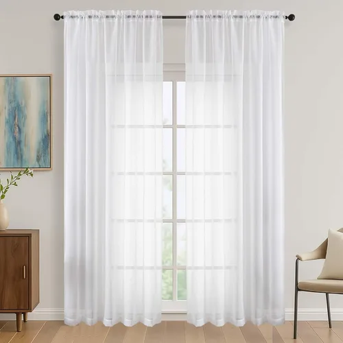 Miniatura 208 de OVZME - Cortinas traslúcidas blancas de 45 pulgadas de largo, 2 paneles, cortinas de gasa con bolsillo para barra para ventanas pequeñas, cada una