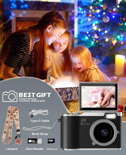 Miniatura 7 de Cámara para niños, cámara digital 4K para fotografía, cámara de video selfie HD 1080P de 48MP, con pantalla giratoria de 180° y flash, con tarjeta