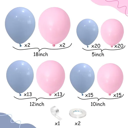 Miniatura 2 de Kit de arco de globos rosa y azul, kit de guirnalda de 100 globos azul claro rosa macarrón para revelación de género, globos de diferentes tamaños