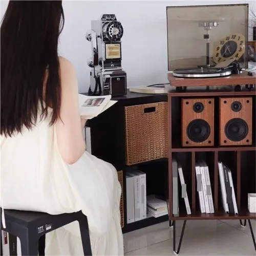 Miniatura 8 de Soporte para tocadiscos de madera, mesa de tocadiscos de gran capacidad, gabinete de almacenamiento abierto para medios, adecuado para sala