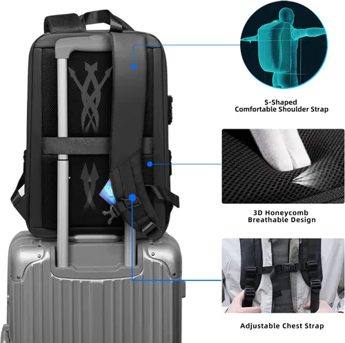 Miniatura 5 de FENRUIEN Mochila antirrobo para laptop para hombre, mochila rígida expandible resistente al agua con puerto USB, bolsa negra para computadora