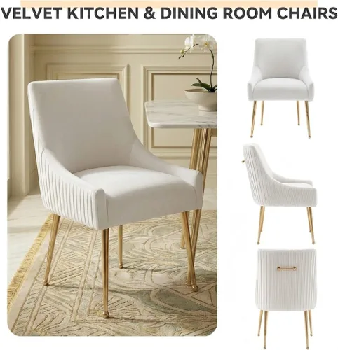 Miniatura 4 de Juego de 2 sillas de comedor, modernas sillas tapizadas para cocina, comedor con patas doradas, sillas de tela de terciopelo copetudo para sala