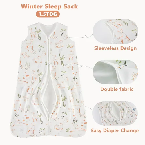 Miniatura 4 de TILLYOU - Saco de Dormir para Bebé de 0 a 6 Meses, TOG 1.5, 100% Algodón, Cremallera Doble, Saco de Dormir Cálido y Suave, Venado Travieso