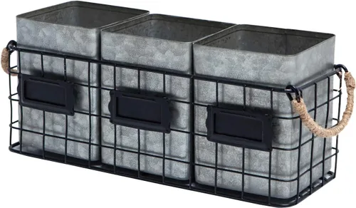NIKKY HOME Farmhouse Organizador de Cubiertos Galvanizado de 3 Compartimentos para Encimera, Soporte de Cubiertos de Mesa para Cucharas, Cuchillos,