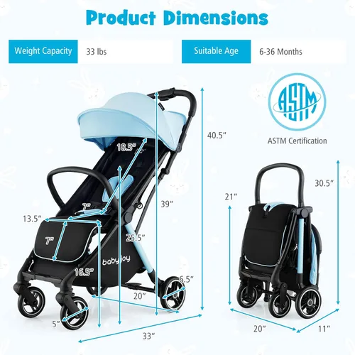 Miniatura 7 de BABY JOY Cochecito de bebé ligero, cochecito de viaje compacto para avión, cochecito para bebés y niños pequeños con respaldo y toldo ajustables