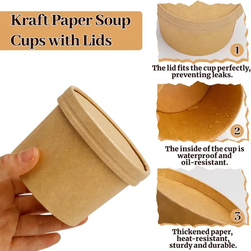 Miniatura 3 de Paquete de 50 recipientes de sopa con tapas, vasos desechables de 12 onzas con tapas, cuencos de papel para sopa con tapas, recipientes de sopa