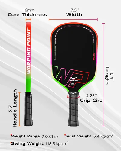 Miniatura 5 de Warping Point Pala de pickleball Neon Gen 3, aprobada por UPA-A, fibra de carbono T700 cruda de triple capa, núcleo EdgeFusion de 16 mm, marco