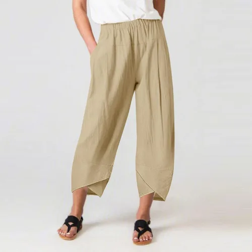 Miniatura 4 de Pantalones capri para mujer, clásicos, cintura elástica, pierna ancha, pantalones ligeros holgados con bolsillos, Caqui