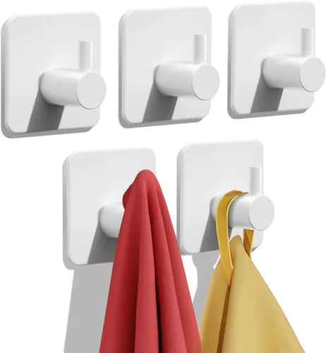 Miniatura 10 de Ganchos adhesivos resistentes de 30 lb (máx) de capacidad, juego de 5 ganchos de pared de acero inoxidable sin daños para colgar abrigos, sombreros