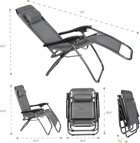 Miniatura 3 de Juego de 2 sillas ajustables de gravedad cero, sillas reclinables plegables para exteriores con almohada, sillas portátiles junto a la piscina, Gris