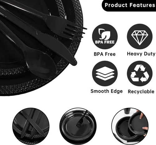 Miniatura 6 de MirthMood - 350 platos desechables negros, platos negros, suministros de plástico para fiestas, incluye 50 platos llanos, 50 platos de ensalada, 50