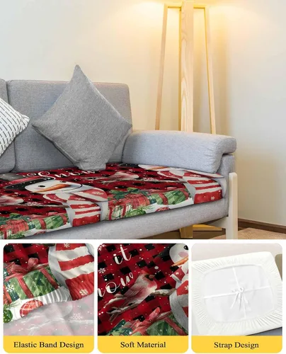 Miniatura 4 de Fundas de cojín para sofá de Navidad, funda elástica para sofá con parte inferior elástica, diseño de muñeco de nieve, pájaros, invierno, copos