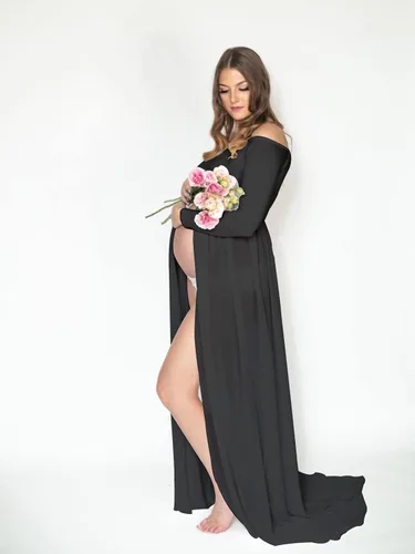 Miniatura 6 de YnimioAOX Vestido de maternidad de manga larga con hombros descubiertos para mujer, para fotografía, vestido de maternidad de gasa para sesión