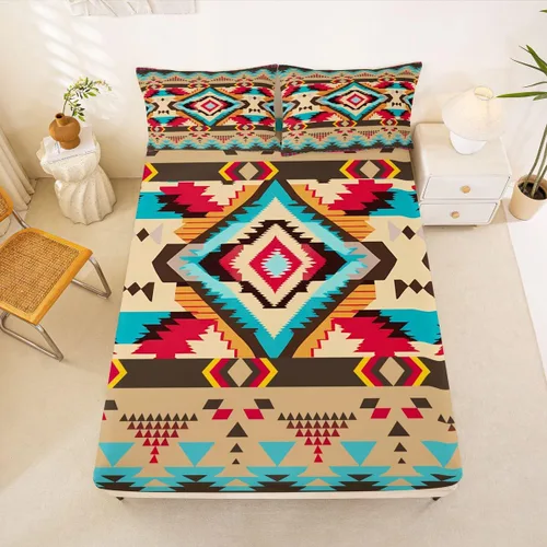 Miniatura 41 de Juego de ropa de cama occidental tamaño individual, sábanas aztecas, estilo nórdico exótico, bohemio, sábana bajera ajustable de tribu india