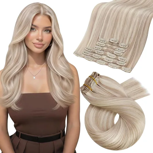 Miniatura 21 de Moresoo Extensiones de cabello humano Remy con clip, color rubio platino, extensiones de cabello humano real de doble trama, color rubio #60, 18