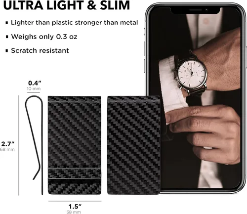 Miniatura 26 de SERMAN BRANDS Clip de dinero de fibra de carbono para hombres – Cartera delgada con clip de dinero RFID, bolsillo frontal minimalista, cartera EDC