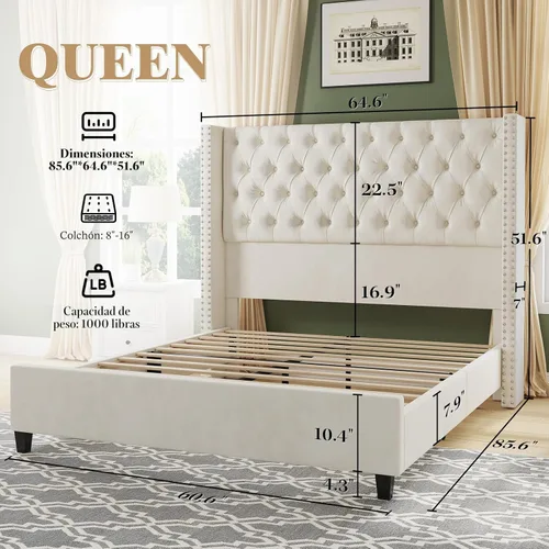 Miniatura 2 de Jocisland Base de cama tamaño Queen con cabecera de terciopelo acolchado con respaldo alado de 51.6" pulgadas, cama de plataforma tapizada moderna