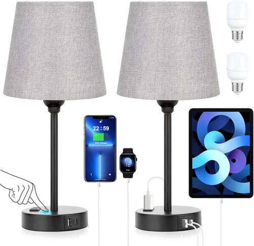 Miniatura 10 de Juego de 2 lámparas de noche blancas para dormitorio, pantalla plisada blanca con puertos de carga USB, lámparas táctiles para mesita de noche