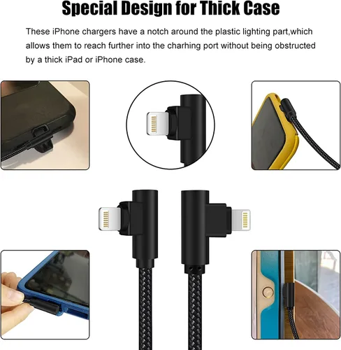 Miniatura 8 de Cargador para iPhone de 1 pie y 90 grados, 2 unidades, con certificación MFi, cable Lightning corto en ángulo recto, cable de carga rápida