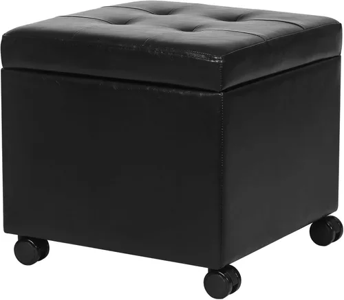 Miniatura 5 de Adeco Otomana moderna de cuero con ruedas, otomana cuadrada negra rodante de 18.8" con almacenamiento, taburete de tocador tapizado acolchado