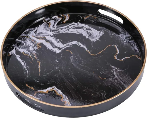 Bandeja decorativa redonda, plástico mármol con asas, tocador moderno y para servir otomana, mesa auxiliar, cocina y baño, tamaño 13 pulgadas, negro