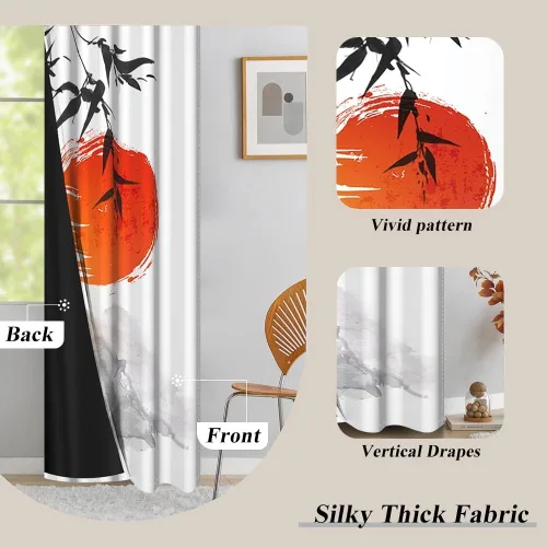 Miniatura 115 de Cortinas japonesas con pintura de tinta, monte Fuji, sol rojo, puesta de sol, hojas de bambú, cortinas de ventana para dormitorio, sala de estar