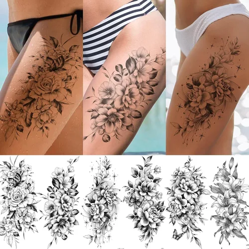 Miniatura 3 de EMOME 12 hojas de tatuajes temporales sexys para mujeres, flores de medio brazo, manga de tatuajes falsos, calcomanías de tatuaje realistas