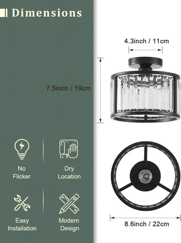 Miniatura 4 de Lámpara de techo negra empotrada, lámpara de cristal enjaulada de 2 luces, lámpara de pasillo de tambor pequeño, montaje de techo