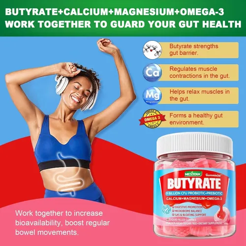 Miniatura 5 de Gomitas de butirato con probiótico + prebiótico + postbiótico, omega-3 500 mg, 9 mil millones de probióticos UFC con fibra, calcio y magnesio