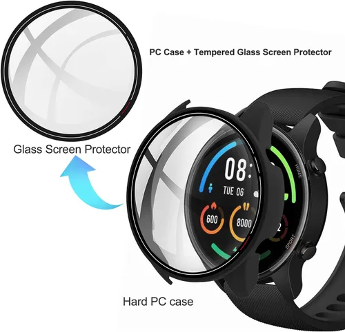 Miniatura 2 de Paquete de 2 fundas con protector de pantalla de vidrio templado compatible con Xiaomi Mi Watch, dureza 9H 360°, carcasa de PC completa negra +