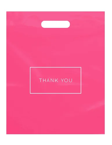 Purple Q Crafts Bolsas de compras de plástico troqueladas rosadas con logotipo de agradecimiento de 12 x 15 pulgadas, con asas, paquete de 100
