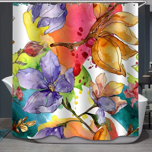 Juego de cortinas de ducha florales de primavera, tela colorida con diseño de flores de acuarela para baño, con ganchos (59 pulgadas de ancho por 70