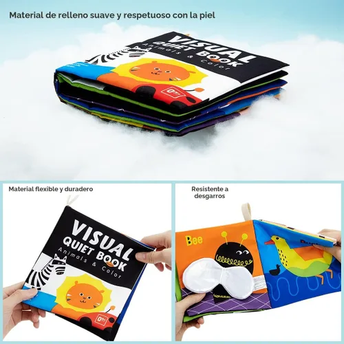 Miniatura 7 de beiens - Libros suaves para bebés, en blanco y negro, alto contraste, tela no tóxica, tacto y sensación de tela arrugada, juguetes de estimulación