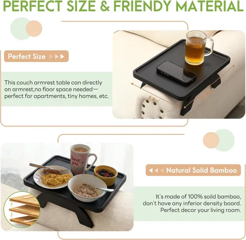 Miniatura 4 de Mesa de Brazo de Sofá SINWANT, Bandeja de Brazo de Sofá de Bambú para Respaldo, Bandeja con Clip de 13.78" para Sofá para Sala de Estar, Snack