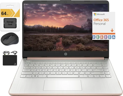 HP Nuevo portátil delgado HD de 14 pulgadas, procesador Intel Celeron de cuatro núcleos, 4 GB de RAM, 128 GB (64 GB eMMC+ tarjeta de 64 GB), Wi-Fi,