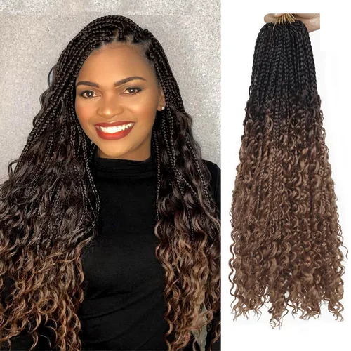 Miniatura 96 de Goddess Box Braids - Trenzas de cabello a ganchillo con extremos rizados, trenzas de caja bohemianas de 16 pulgadas, trenzas de ganchillo, 8 1B-4-30