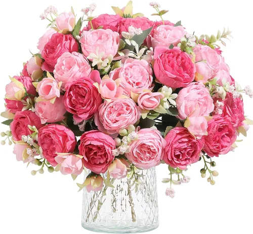 Miniatura 9 de Floweroyal 4 Ramos de Flores Artificiales de Peonía Color Champán, Ramos de Peonías de Seda para Bodas, Fiestas, Centros de Mesa de Mesa, Arreglos