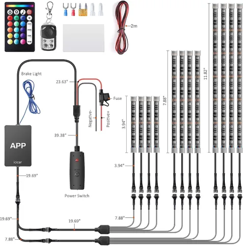 Miniatura 7 de 12 luces de motocicleta con control de aplicación, modo de música RGB de 16 millones de colores, función de luz de freno IP68 impermeable con doble