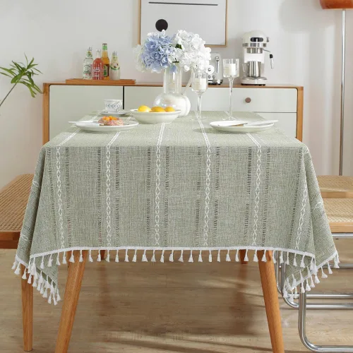 Miniatura 11 de meioro Mantel rústico, mantel rectangular de algodón texturizado de lino con borla, mantel de tela resistente para granja con bordado de rayas