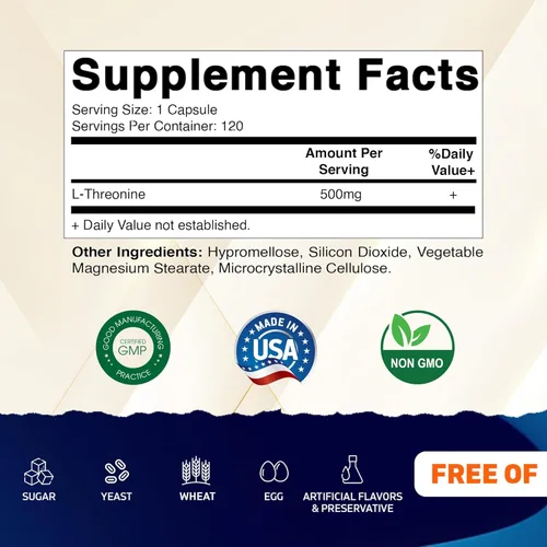 Miniatura 2 de Vitamatic L-treonina 500mg - 120 cápsulas vegetales promueve la función saludable del hígado, cardiovascular y estructural