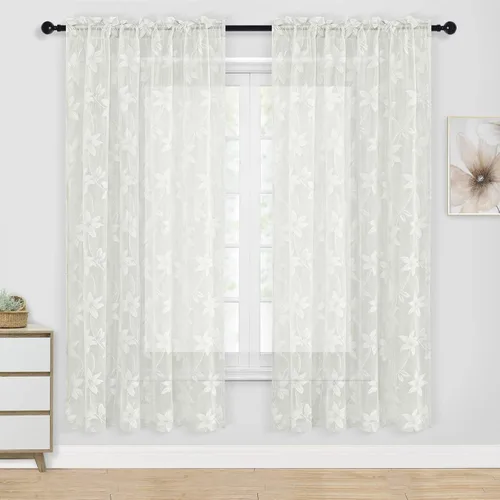 Miniatura 41 de DWCN Paquete de 2 cenefas de encaje floral para cocina, 52 x 18 pulgadas, con bolsillo para barra, cortina de gasa para ventana pequeña, cocina