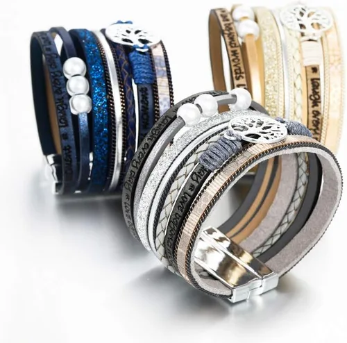 Miniatura 6 de Fesciory - Pulseras de cuero para mujer, cuentas de cristal, diseño de leopardo, estilo bohemio, múltiples niveles