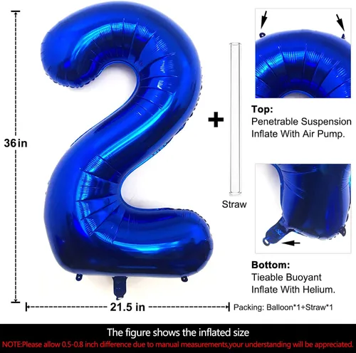 Miniatura 2 de Lovoir Globo azul marino de 40 pulgadas con el número 2 de gran tamaño de papel de aluminio de Mylar de dígitos gigantes, globos de helio azul Azul