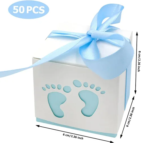 Miniatura 2 de 50 cajas de recuerdo de fiesta de baby shower, 2.4 x 2.4 pulgadas, pequeñas cajas de regalo de dulces, diseño de huellas para niños, cumpleaños, Azul